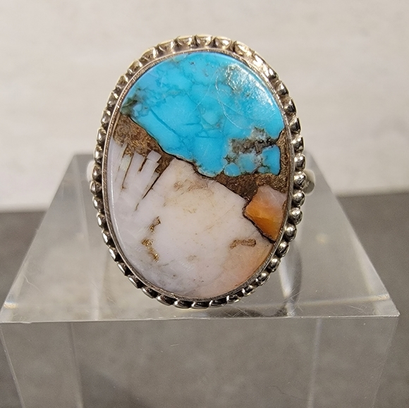 Vintage Jewelry - Native Mountain Blue Oyster Copper Turquoise Stone Sterling Silver Ring 7 Chakra